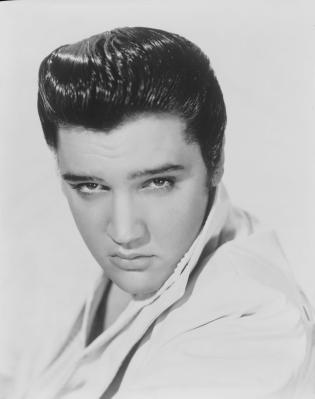 black and white photo of Elvis Presley
