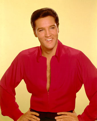 Elvis Presley in bright red shirt
