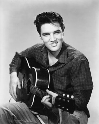 Elvis Presley playing guitar_black and white
