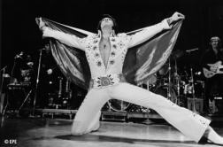 Elvis Presley singing on stage in white outfit