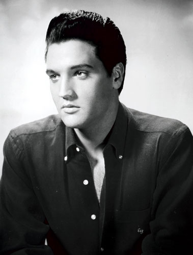 Elvis protrait in black and white photo
