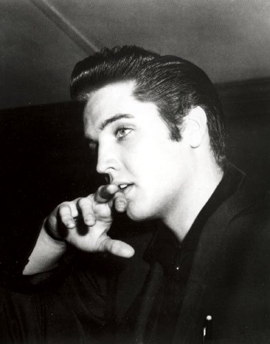 white and black photo of Elvis
